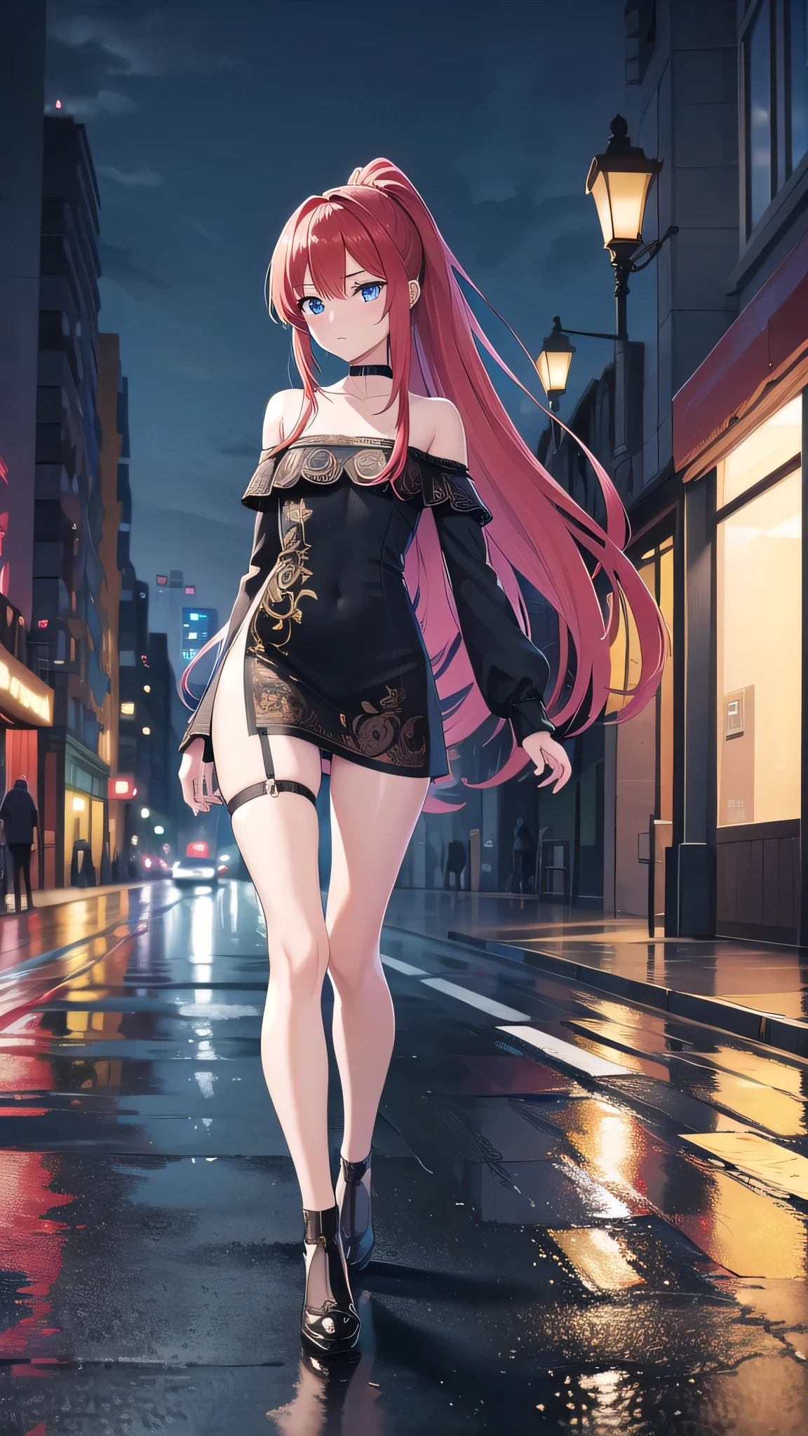 Masterpiece, top quality, best quality, official art, beautiful and aesthetic, anime, 1girl,extremely detailed, colorful, more detailed ((ultra-detailed)), (highly detailed CG illustration),Best Quality, High resolution, Unity 8k Wallpaper, (Illustration:0.8), (Beautiful detailed eyes:1.6), extra detailed face, Perfect Lighting, extremely details CG, (Perfect hands, Perfect Anatomy),city,street,night,wet road,reflections,lights,red long hair, ponytail,blue eyes, hairpin,black choker,skinny fit,small breast, small ass,long legs,long dress,stockings, in middle,looking in camera,full body.