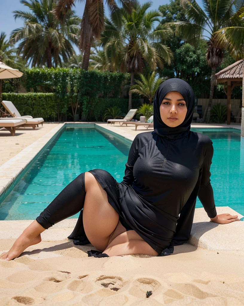 thick arab woman wearing a burkini in the bool