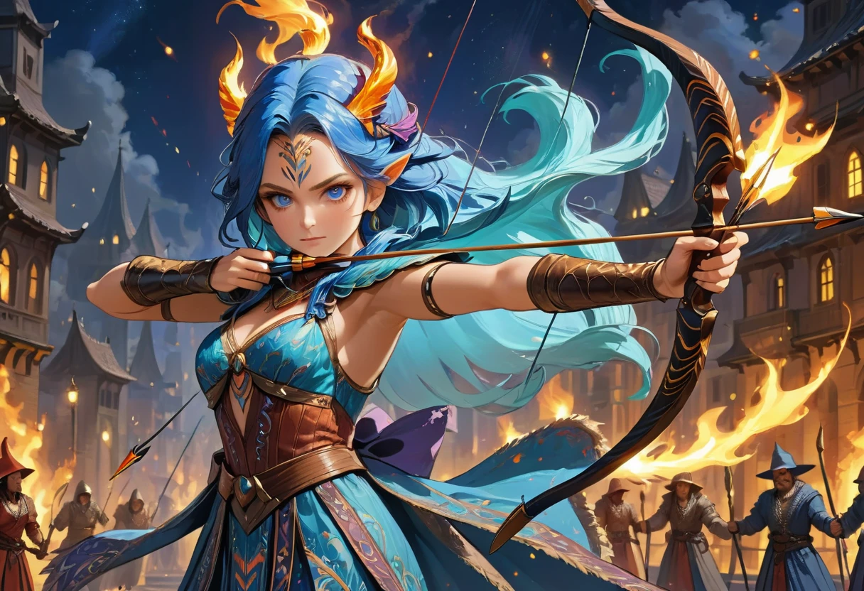 a picture of fire sorceress firing a flaming arrow from a magnificent epic bow, an (elite glamour beautiful: 1.2), fire sorceress, ultra detailed face,  perfect face, blue hair, long hair, wavy hair, wearing wild glamour dress, intricate dress, purple dress , with fire patterns on it, aiming an epic bow with a flaming arrow,  dynamic bow, sting drawn to the cheek , arrow ready to be shot, dynamic bow, sting drawn to the cheek , arrow ready to be shot, it is night, moon light, starry night, cloudy night,  high details, best quality, 16k, [ultra detailed], masterpiece, best quality, (extremely detailed), dynamic angle, full body shot, fantasy urban street at night bacground,  ,faize, firing and arrow, bow (weapon)