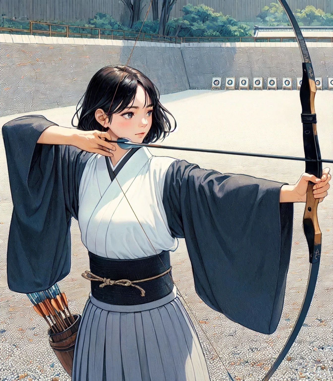 1lady standing, from side, (pulling bowstring to its limits) (holding simple black bow), (white kimono) (gray hakama), chest protector, (mature female:0.8), /(black hair/) bangs, (light smile:0.4), dignified, facing away, (masterpiece best quality:1.2) delicate illustration ultra-detailed, medium breasts BREAK (serene archery dojo) outdoors, (floor filled with (gravel)), Kyudo, Japan, noon, detailed background