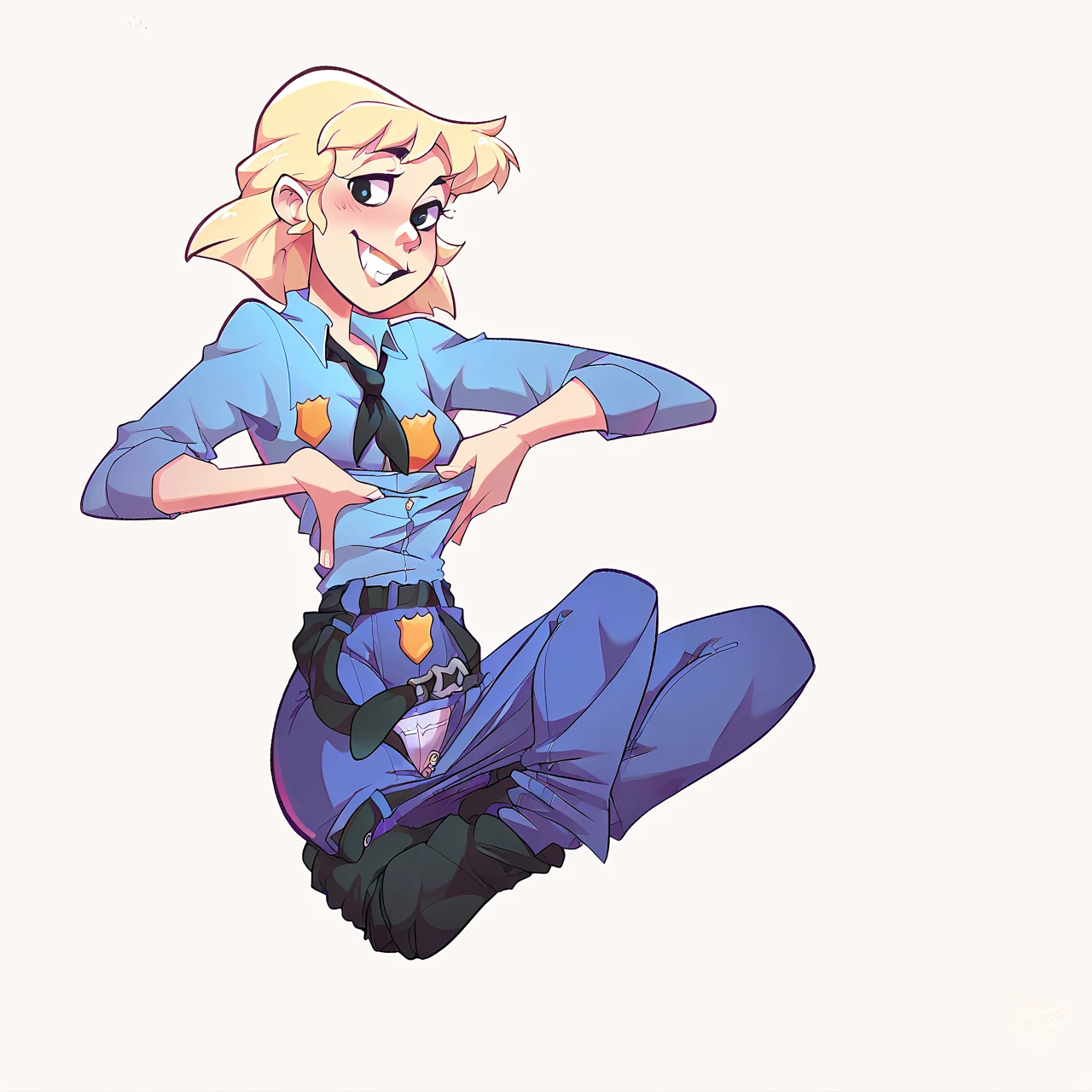 score_9, score_8_up, score_7_up, score_6_up, score_5_up, score_4_up, mirandawright, short hair, blonde hair, police uniform, solo, unzipped pants, belt undone, pants undone, underwear showing, pants down at ankles