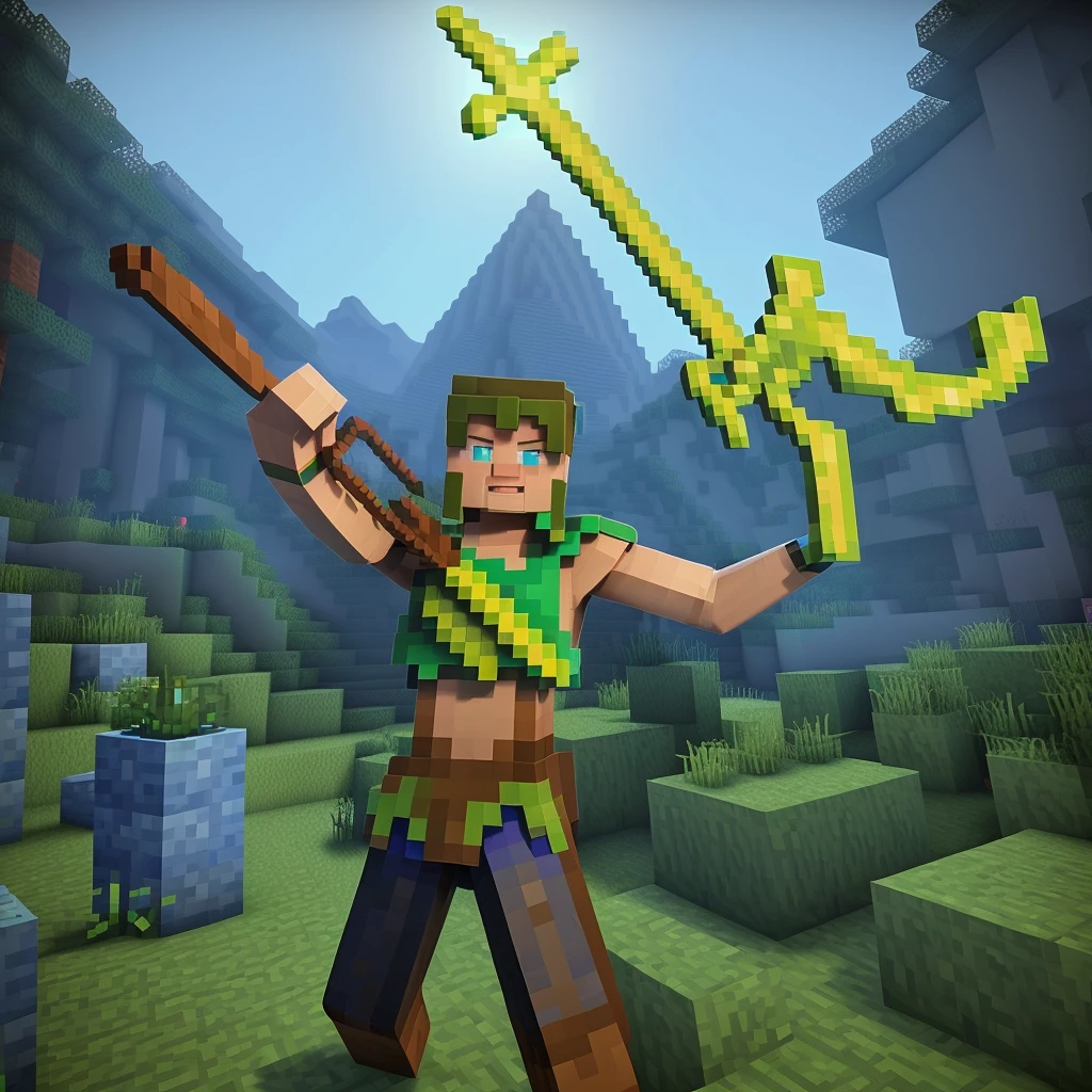 Generate an image of a minecraft warrior holding a pixelated minecraft trident outstretched in his Left hand. And a minecraft crossbow in his right hand. His name is Riptide and his body, arms and legs is blue and yellow striped. And his head is a tinted green with blue eyes. he is in a defensive stance with his trident pointed upright.