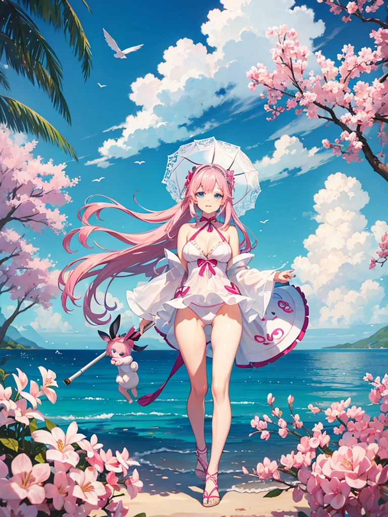Woman and rabbit hybrid, with blue eyes, pink hair , in white swimsuit, holding an oriental umbrella, the setting is oriental
