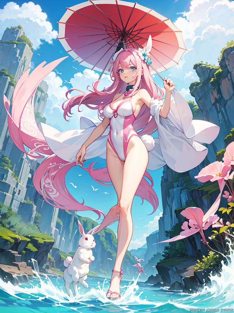 Woman and rabbit hybrid, with blue eyes, pink hair , in white swimsuit, holding an oriental umbrella, the setting is oriental