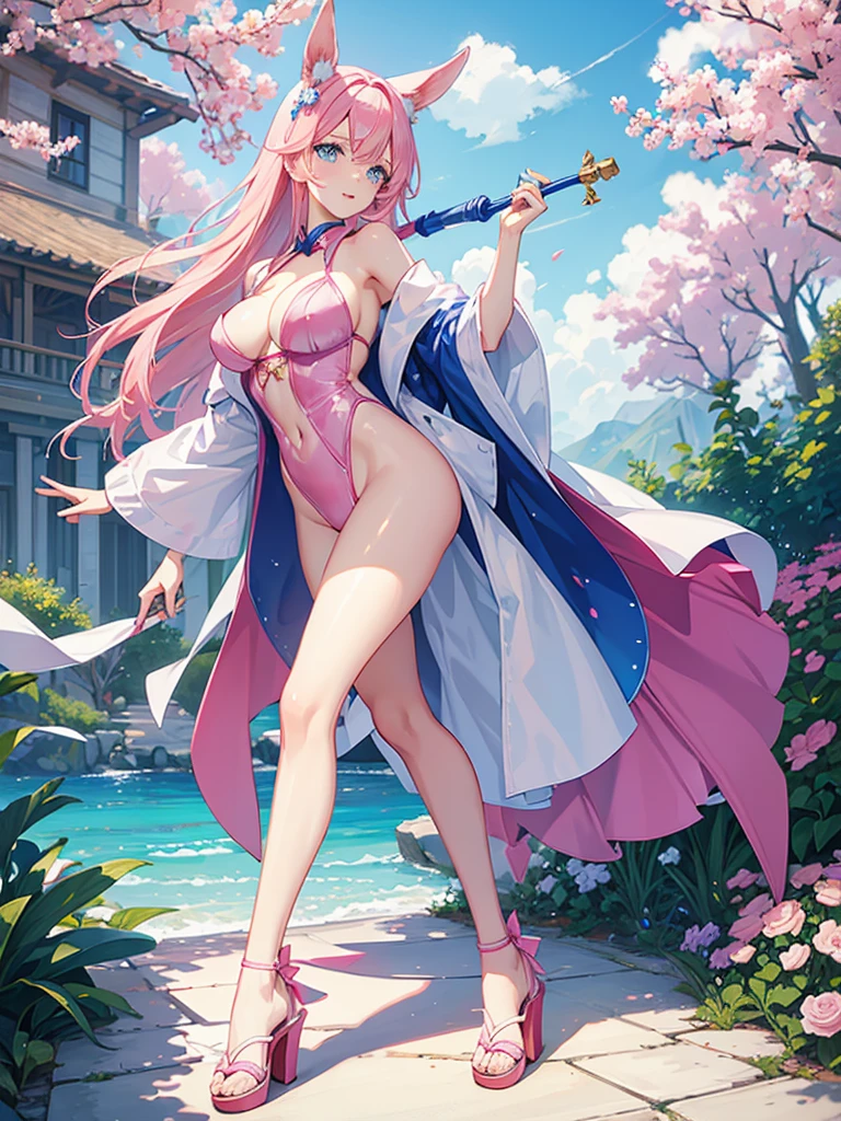 Woman and rabbit hybrid, with blue eyes, pink hair , in white swimsuit, holding an oriental umbrella, the setting is oriental