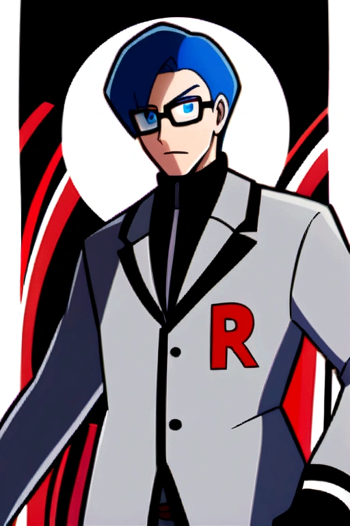 male character, anime style, a boy with clothing based on Team Rocket from Pokémon, He wears glasses and has blue hair...