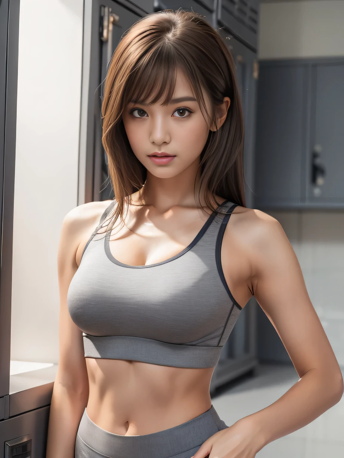 Ultra High Definition, Superior Quality, Premier Quality, ultra detailed, Photorealistic, 8k, RAW Photos, highest quality, masterpiece, Attractive girl, Stunning girl, Brown Hair, Shoulder Length Layered, asymmetrical bangs, brush up one's hair, Japanese model, (gray Sports Bra:1.2, gray Lady's-Boyshorts underwear :1.2), locker room,