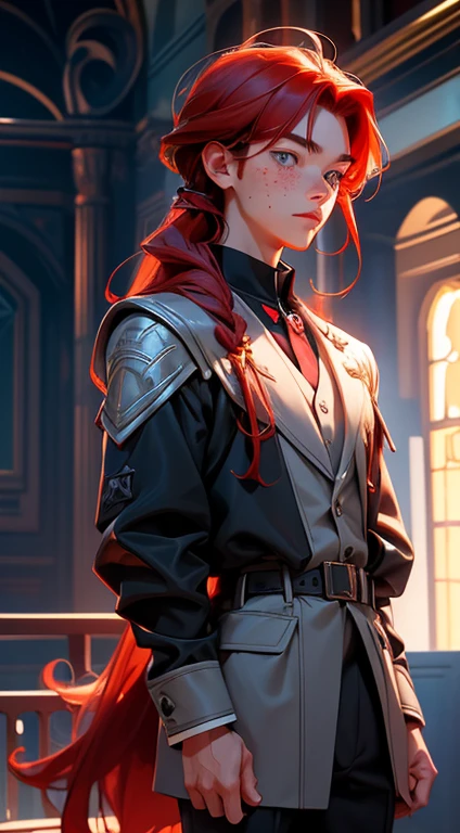 18 year old boy, male, shoulder-length red hair, gray eyes, gray eyes, freckles on the face, Magic Academy uniform dress