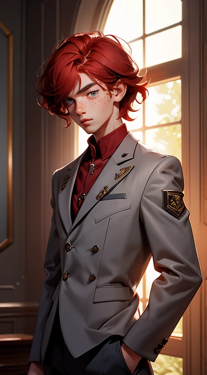 18 year old boy, male, shoulder-length red hair, gray eyes, gray eyes, freckles on the face, Magic Academy uniform dress