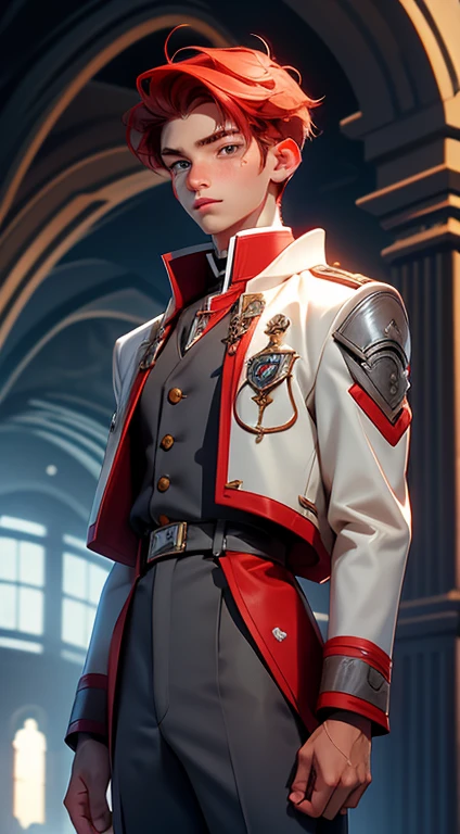 18 year old boy, male, shoulder-length red hair, gray eyes, gray eyes, freckles on the face, Magic Academy uniform dress