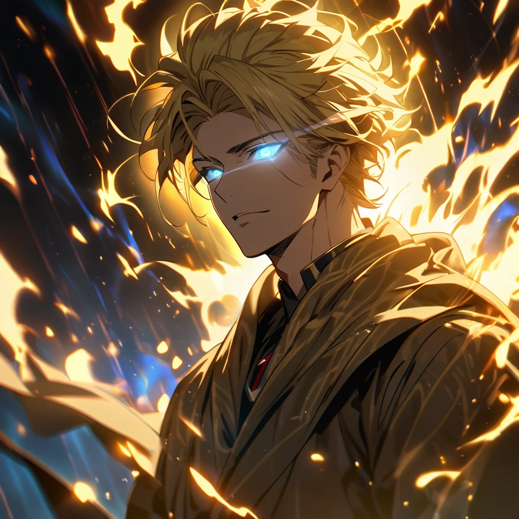 male, solo, handsome, blond hair, god, god eyes, glowing eyes, light, aura, holo, golden