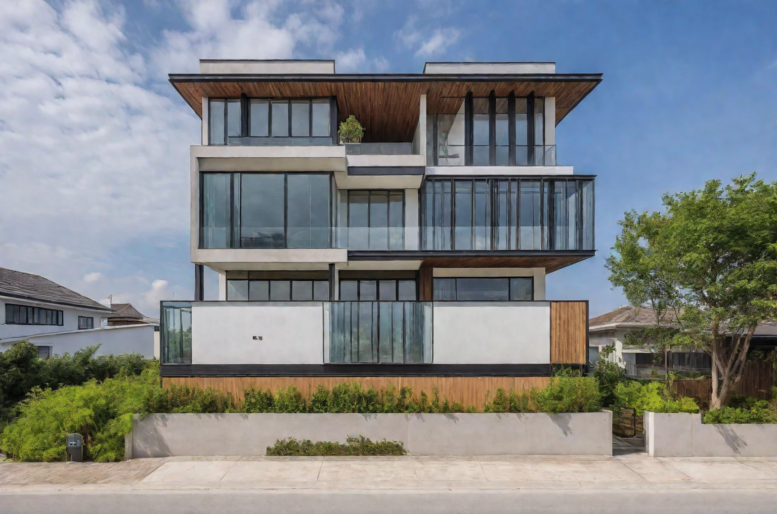 exterior modern house with a flat roof, featuring large glass windows and a white exterior, glass handrail, wood beam, wooden ceiling,
RAW photo, masterpiece, (realistic:1.2) 8k uhd, dslr, soft lighting, high quality, film grain, Fujifilm XT3