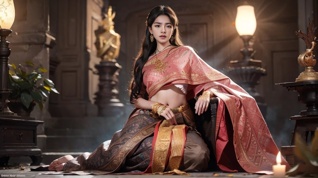 (raw photos:1.2), (realistic:1.4), (Masterpiece:1.3), (best quality:1.4), Ultra high resolution, (Detailed eyes), (Detailed facial features), (Detailed clothing features), HDR, 8k resolution, Focus only, Dressing according to Thai tradition, Traditional shawl , 1 woman , big breasts, A gigantic rift, big breastsดันเสื้อผ้า, big breast, The breasts will fully grow..., Make your breasts bigger.., small waist, Long legs, Facing the audience, full body, depth of field, Cinema-grade lighting system, big breasts, Too big for your body, Revealing a flat stomach, The lower half of the chest can be seen..., Sexy sitting posture, Pictures from eye-catching angles, Correct picture elements, The picture is complete.,