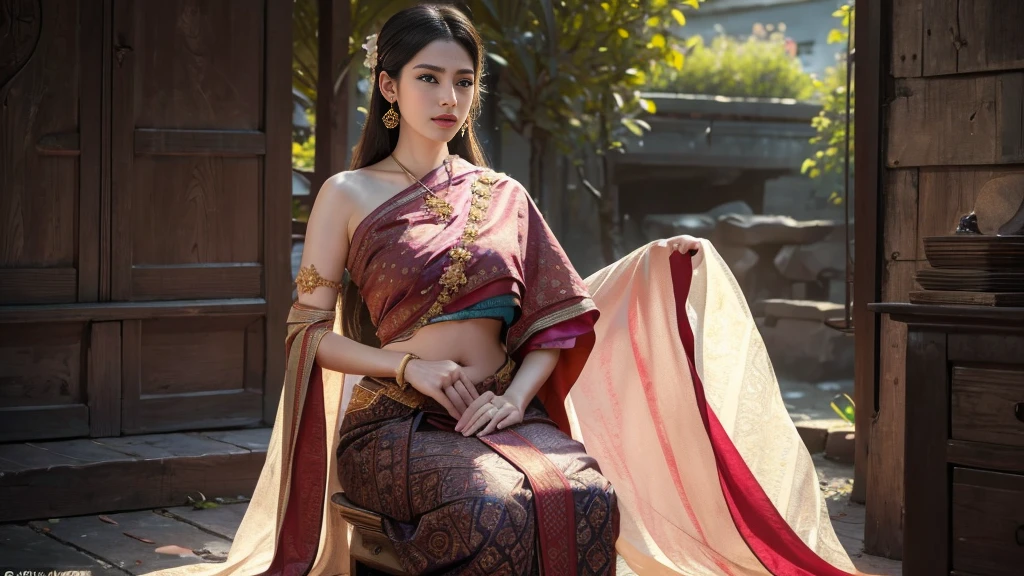 (raw photos:1.2), (realistic:1.4), (Masterpiece:1.3), (best quality:1.4), Ultra high resolution, (Detailed eyes), (Detailed facial features), (Detailed clothing features), HDR, 8k resolution, Focus only, Dressing according to Thai tradition, Traditional shawl , 1 woman , big breasts, A gigantic rift, big breastsดันเสื้อผ้า, big breast, The breasts will fully grow..., Make your breasts bigger.., small waist, Long legs, Facing the audience, full body, depth of field, Cinema-grade lighting system, big breasts, Too big for your body, Revealing a flat stomach, The lower half of the chest can be seen..., Sexy sitting posture, Pictures from eye-catching angles, Correct picture elements, The picture is complete.,