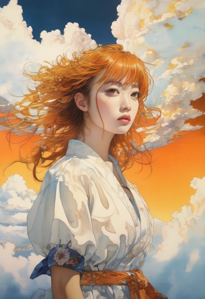 artwork:Katsuya Terada
8k, High resolution, A complex and intricate masterpiece, (Summer vacation:1.2), (White cumulonimbus cloud and girl:1.1), transparent, Glowing black eyes, White cloud and brown eyeball, Medium Shot, Orange Hair, Organic Shapes, Swaying in the wind、Hard Edge, Anatomically correct body, Ultra-realistic, Cumulonimbus Elegant,Cinema Lighting, Very detailed, Vibrant colors, Octane Rendered Cat, Surreal atmosphere, Award-winning works, Bright and rich colors, iridescent accents, Dramatic Shadows,Dynamic and atmospheric lighting, Anamorphic Lens, Sharp focus,
An intricate and detailed masterpiece by Katsuya Terada, Katsuya Terada Style, Pop Surrealism, watercolor , Kanna Hashimoto
