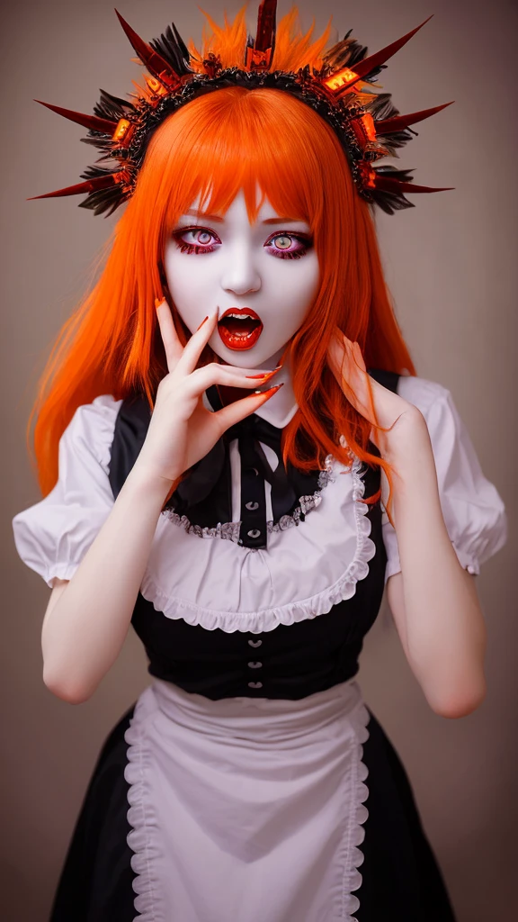 masterpiece, Highest quality, One girl, Purple eyes, Orange Hair,Maid headdress, Maid,吸Blood鬼、Open Mouth、tooth、Blood、nail、Red manukia、Western-style building。darkness