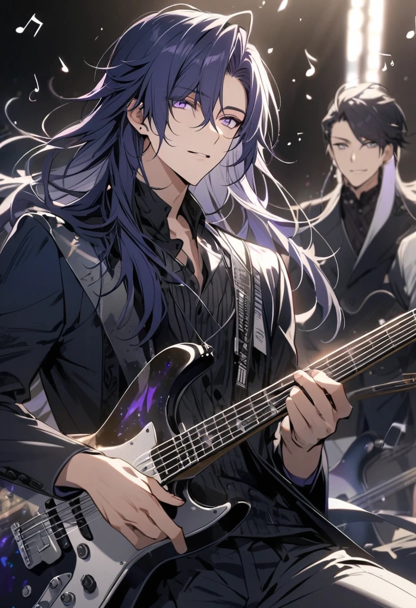 male, handsome, parted bang, long hair, navy hair, musician, purple eyes, music notes, grey eyes