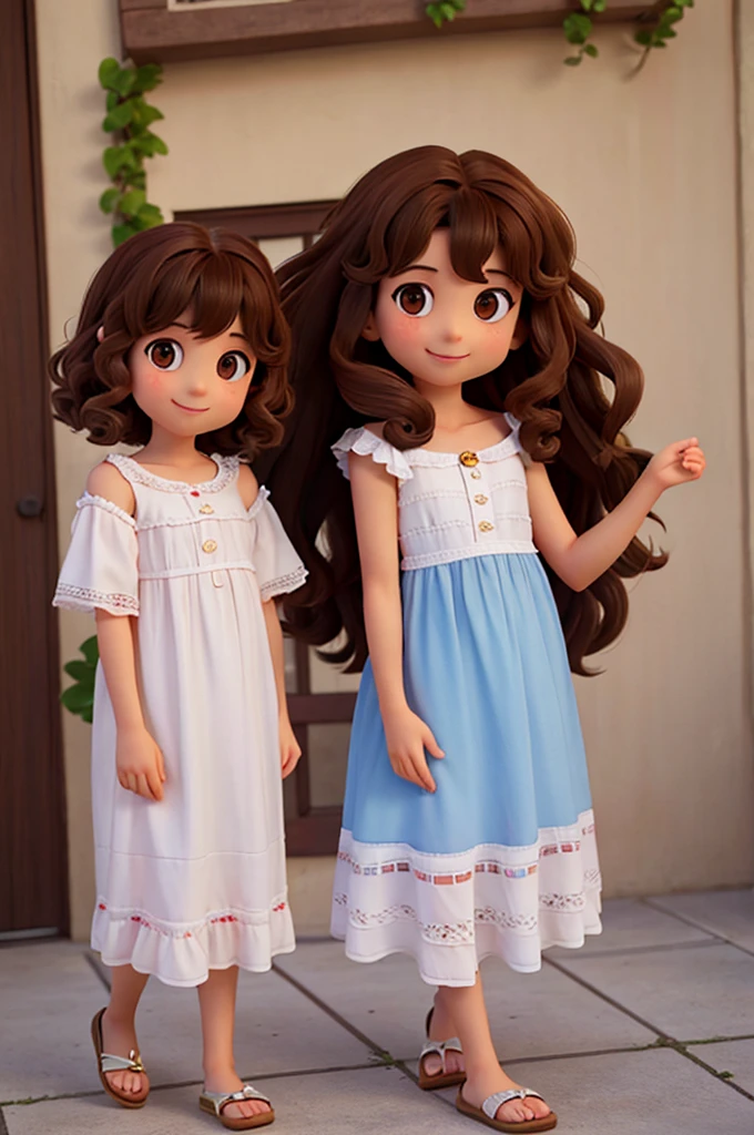 , 4 , shoulder-length curly brown hair, bright brown eyes, happy and smiling, very smart. with her and her mother with long curly hair.