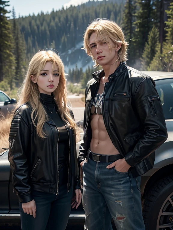 ８ｋ,Realistic skin texture、Superrealism、Realistic photos、((Standing next to a beat-up black supercharged car))、Blonde American Woman、18-year-old, In the wilderness、((rider&#39;Jacket with protectors))