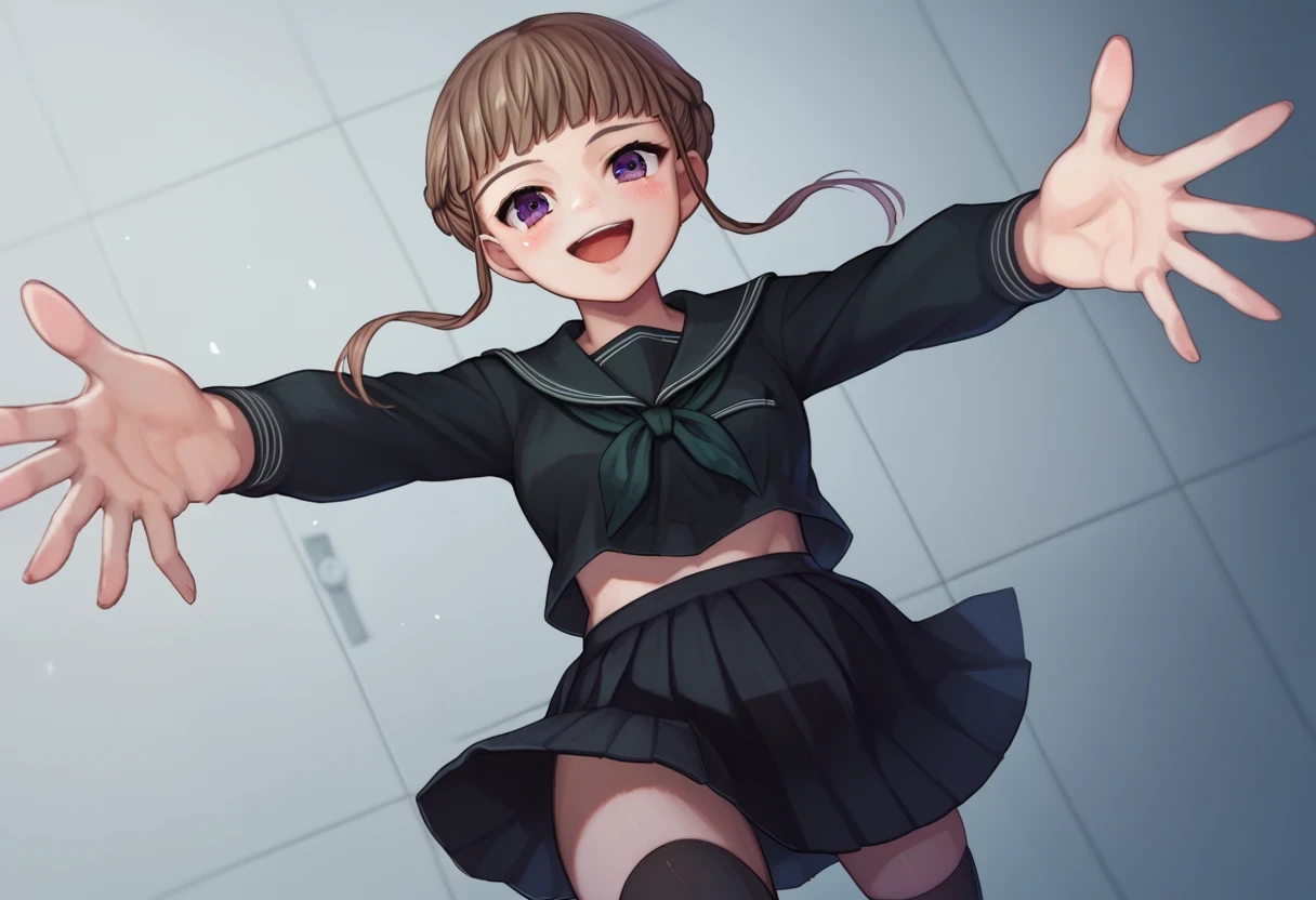 score_9, score_8_up, score_7_up, source_anime,  1girl, Manaka Nemu, braided hair, brown hair, violet eyes, black serafuku, green necktie, black thighhighs, black skirt, white stripes, outstretched arms, reaching towards viewer, smile, innocent, sweet smile, blush, open mouth, heartwarming, sad