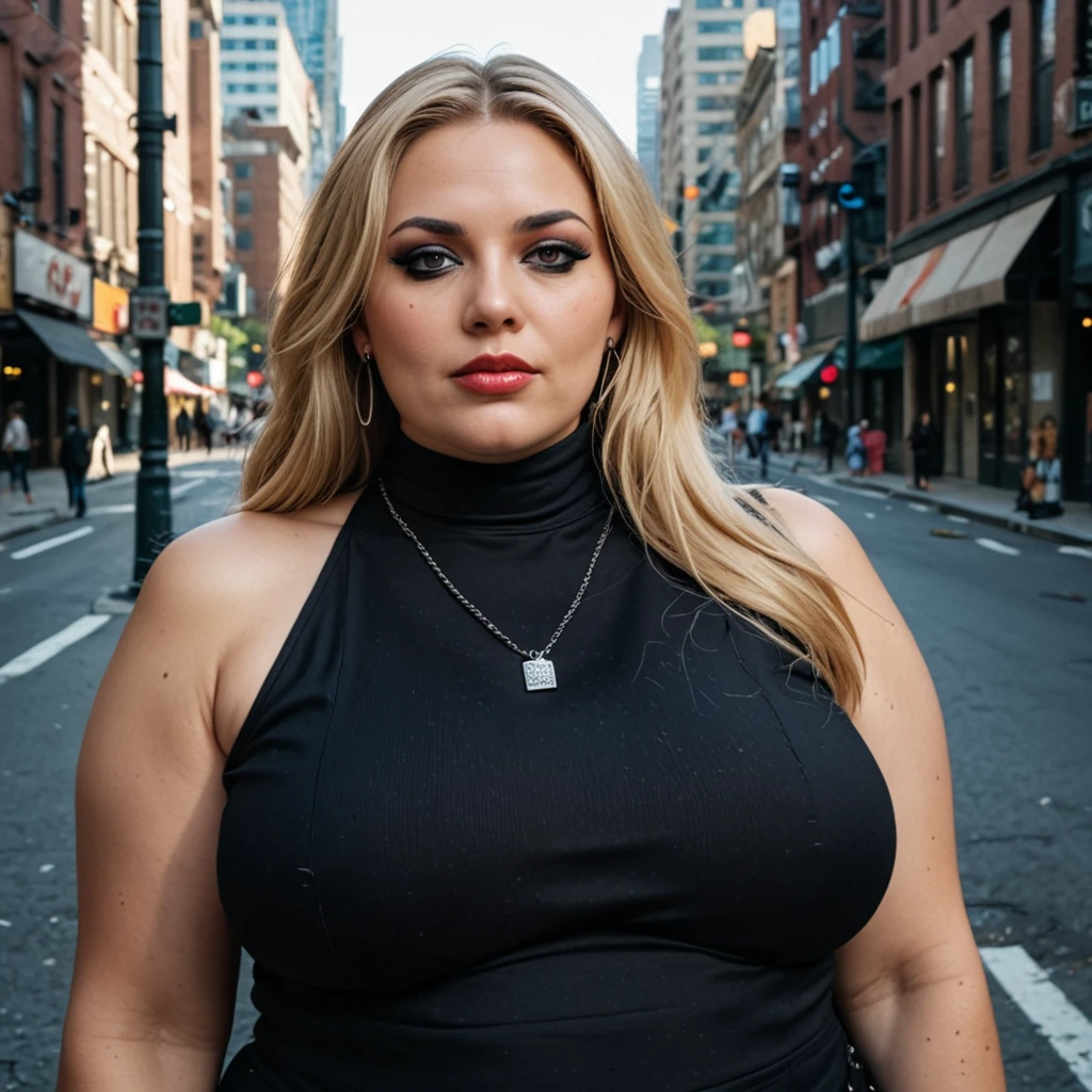 A mature, large, obese, big-breasted lady with 100HH bust size, thick makeup, a black leather collar, ((no pendant)), and very long blonde hair, detailed sleeveless turtleneck top, pants, necklace, city streets, new york, bright colors