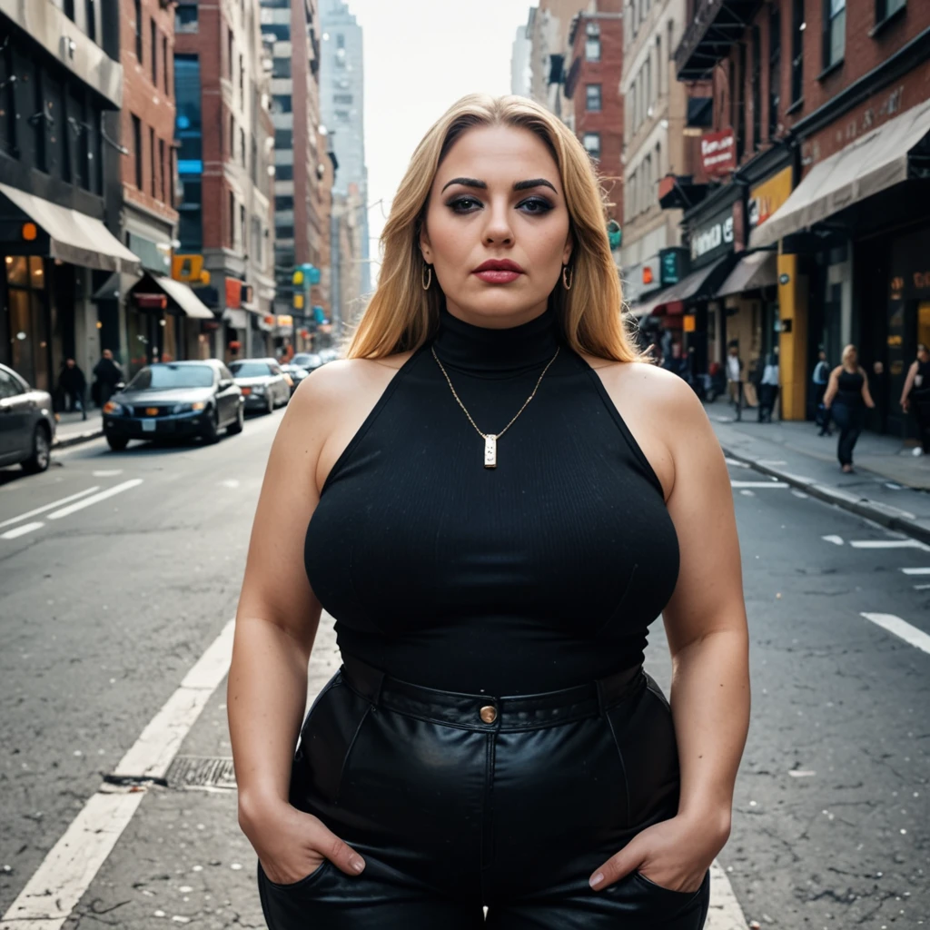 A mature, large, obese, big-breasted lady with 100HH bust size, thick makeup, a black leather collar, ((no pendant)), and very long blonde hair, detailed sleeveless turtleneck top, pants, necklace, city streets, new york, bright colors