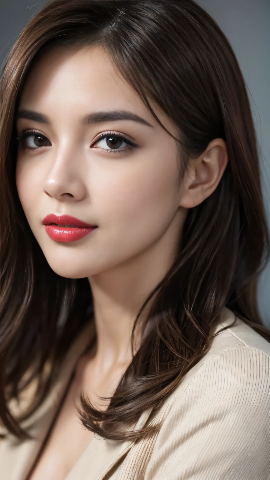 Tabletop, highest quality, Realistic, Very detailed, In detail, High resolution, 8k wallpaper, One beautiful woman,, Light brown messy hair, Wearing a business suit, Sharp focus, Perfect dynamic composition, Beautiful fine details, Fine hair, Detailed and realistic skin texture, smile, Close-up portrait, Model Body Type, red lipstick, sensual Lipstick 