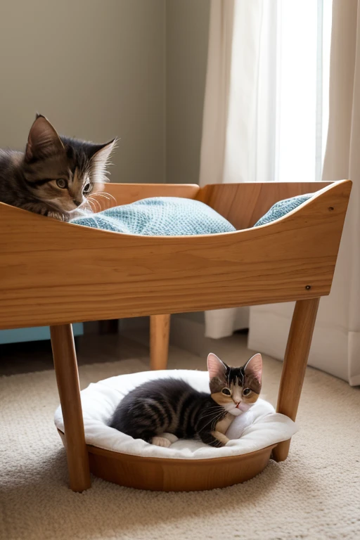 Kitten sleeping in a small bed