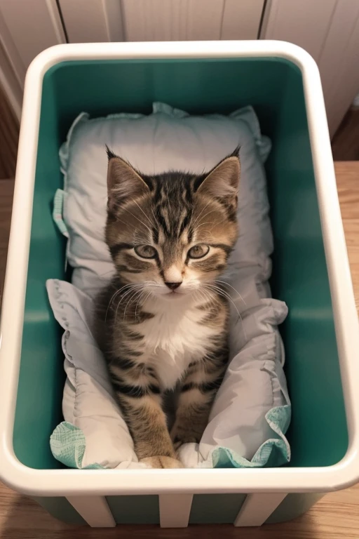 Kitten sleeping in a small bed