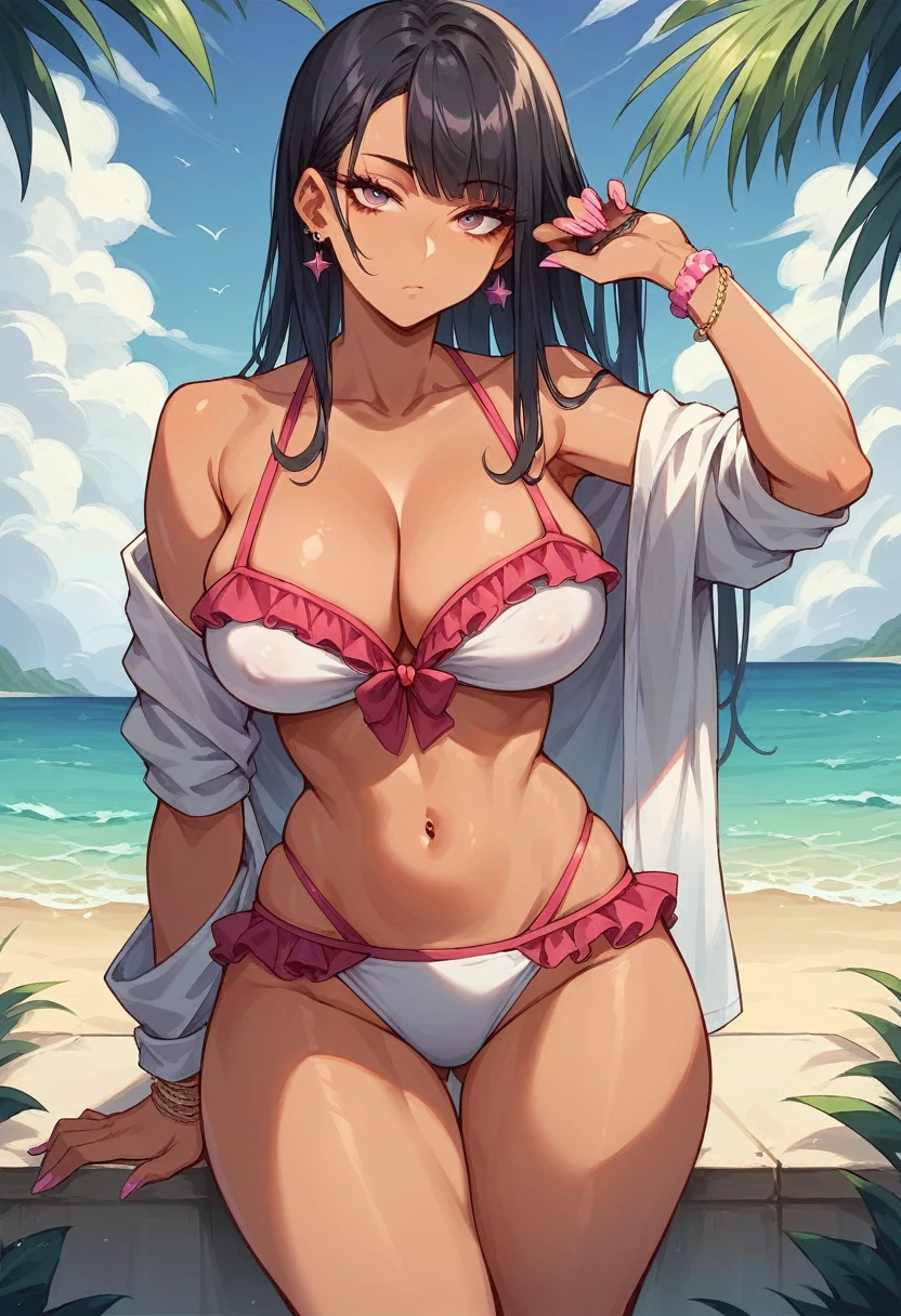 ８k、Best Quality、rays of sunshine、Midsummer beach、独奏、a beauty girl、delicated face、a smile、Long pigtails、Purple hair、Colossal tits:1.8、big butts:5.5、big breasts thin waist、Beautiful constriction、shinny skin、beauty legs、cleavage of the breast、Tie your hair with a red ribbon、White Slingshot Swimsuit、Wet all over the body、Naughty Poses、