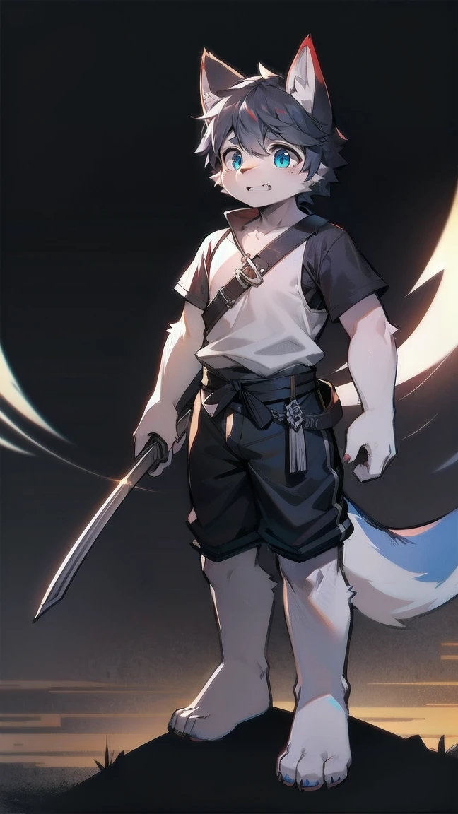 White Wolf，black hair，Sky blue eyes，hairy，Wolf ears，Wolf tail，Full body portrait，The character is in the center of the frame，Handsome，Confident eye***but，juvenile，Black and white combat uniform，Red neck bib，Black shorts，Short sleeve，hairy arms and legs，Dark background，Dark battlefield，dawn，sunrise，dawn，illumination，shadow，Swordsman，Scabbard and Hold the hilt of a in your hand，The scabbard is at the waist，Highest quality,A tall stature