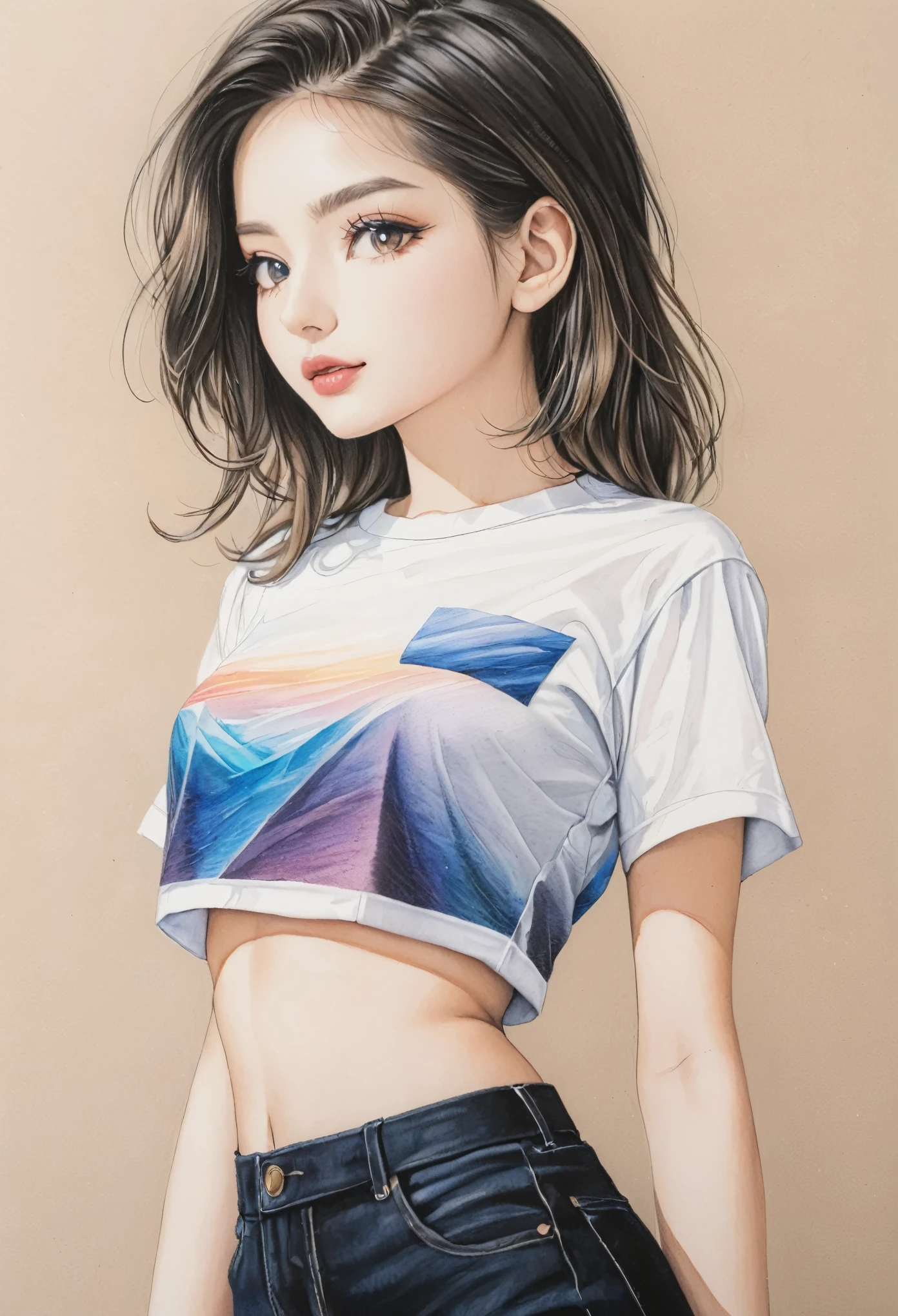 female,crop shirt,white,Art,colour pencil drawing,ink painting