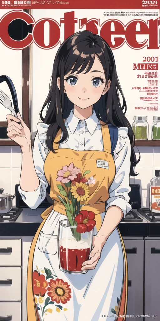 (Best Quality, Masterpiece), Women's Cooking Magazine Cover, 1girl, 20 years old, stunning, cute, warm smile, hourglass figure, floral dress, apron, food, text, chart, advertising, magazine title