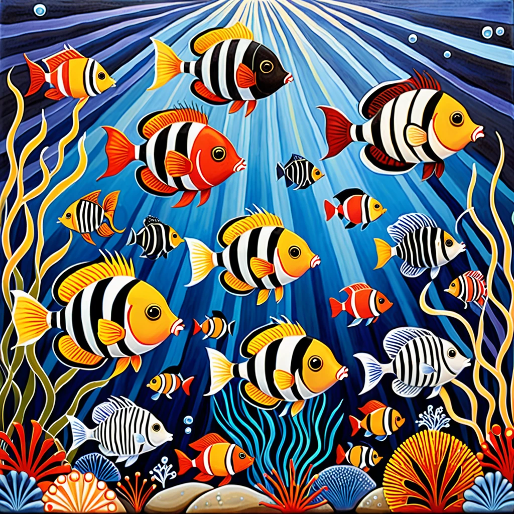 folk art paint, Karla Gerard. Tropical fish, puffer fish, angel fish,emperor fish, clown fish, porcupine fish, harlequin fish, trigger fish, whales, stylized. warm and cold colors skillfully dosed to recreate an evocative atmosphere. Seascape background, surreal aquarium.