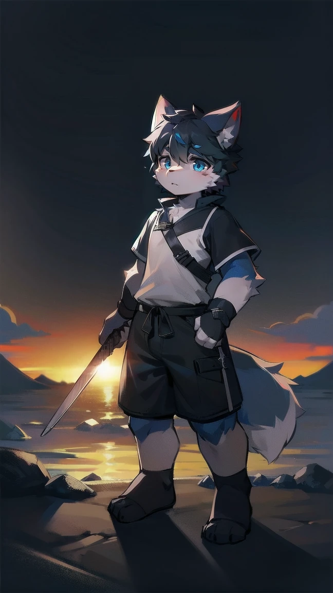 White Wolf,black hair,Sky blue eyes,hairy,Wolf ears,Wolf tail,Full body portrait,The character is in the center of the frame,Handsome,Confident eye***but,juvenile,Black and white combat uniform,Red neck bib,Black shorts,Short sleeve,hairy arms and legs,Dark background,Dark battlefield,dawn,sunrise,dawn,illumination,shadow,Swordsman,Scabbard and Hold the hilt of a in your hand,The scabbard is at the waist,Highest quality,A tall stature