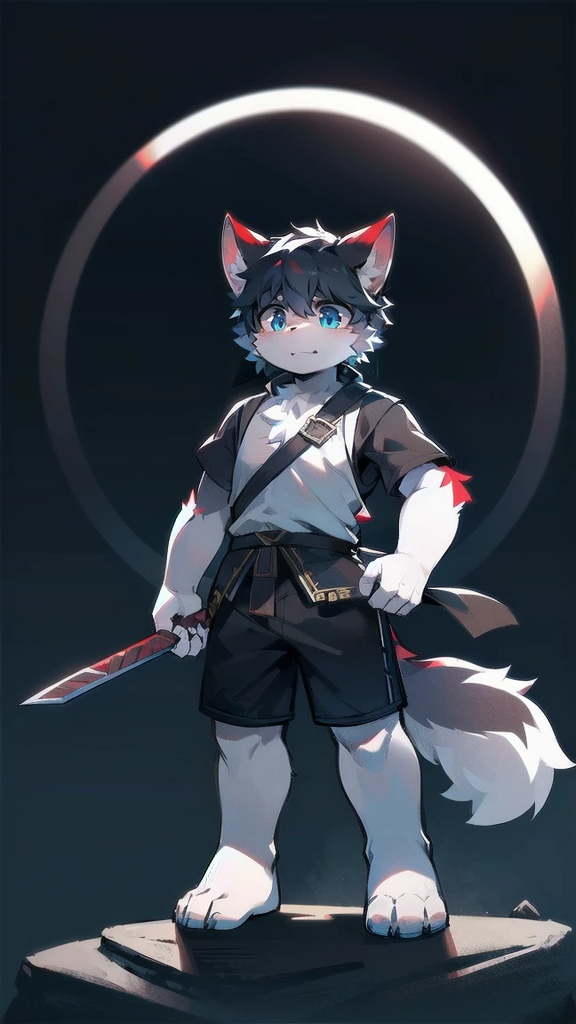 White Wolf,black hair,Sky blue eyes,hairy,Wolf ears,Wolf tail,Full body portrait,The character is in the center of the frame,Handsome,Confident eye***but,juvenile,Black and white combat uniform,Red neck bib,Black shorts,Short sleeve,hairy arms and legs,Dark background,Dark battlefield,dawn,sunrise,dawn,illumination,shadow,Swordsman,Scabbard and Hold the hilt of a in your hand,The scabbard is at the waist,Highest quality,A tall stature