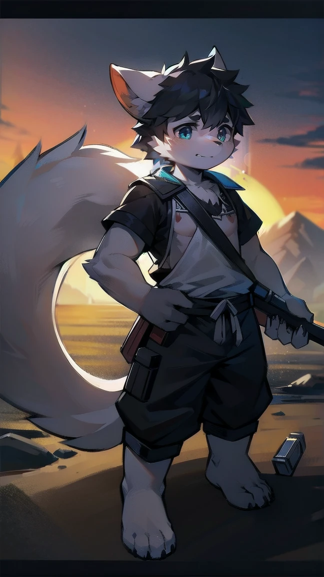 White Wolf,black hair,Sky blue eyes,hairy,Wolf ears,Wolf tail,Full body portrait,The character is in the center of the frame,Handsome,Confident eye***but,juvenile,Black and white combat uniform,Red neck bib,Black shorts,Short sleeve,hairy arms and legs,Dark background,Dark battlefield,dawn,sunrise,dawn,illumination,shadow,Swordsman,Scabbard and Hold the hilt of a in your hand,The scabbard is at the waist,Highest quality,A tall stature