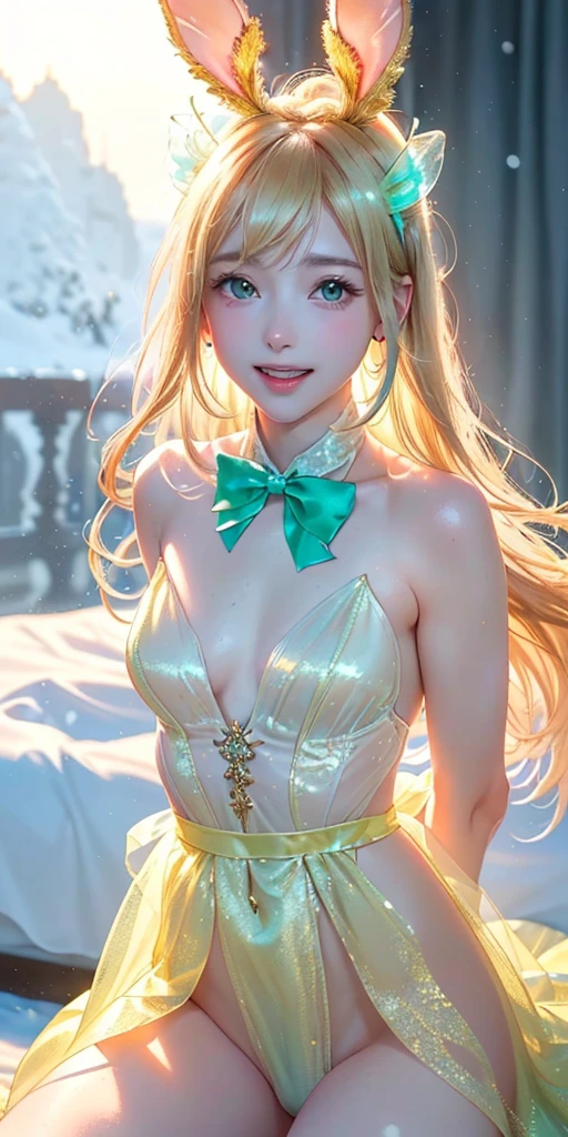 masterpiece, best quality, extremely detailed CG unity 8k wallpaper,((Upper Body)) ,((Upper Body head close-up shot of a beautiful girl)), , Elegant Long straight blonde hair, (Mckenna Grace), ((flat chest,Plump,Thick thighs,Autoluminescence skin)),Transparent (orange-green) golden (Glittering tutu,long Bunny Ear Headgear, , Bow-tie, No panties, genitals visible), ((sitting,spread legs)),(), (Blush), , (seductive smile), (A world of ice and snow), pretty face, key art, award winning, intricate detail realism hdr, by (ruan jia and artgerm and range murata), Photorealism, Hyperrealism, ultra realistic, dramatic light, intense shadows, gorgeous view, depth of field