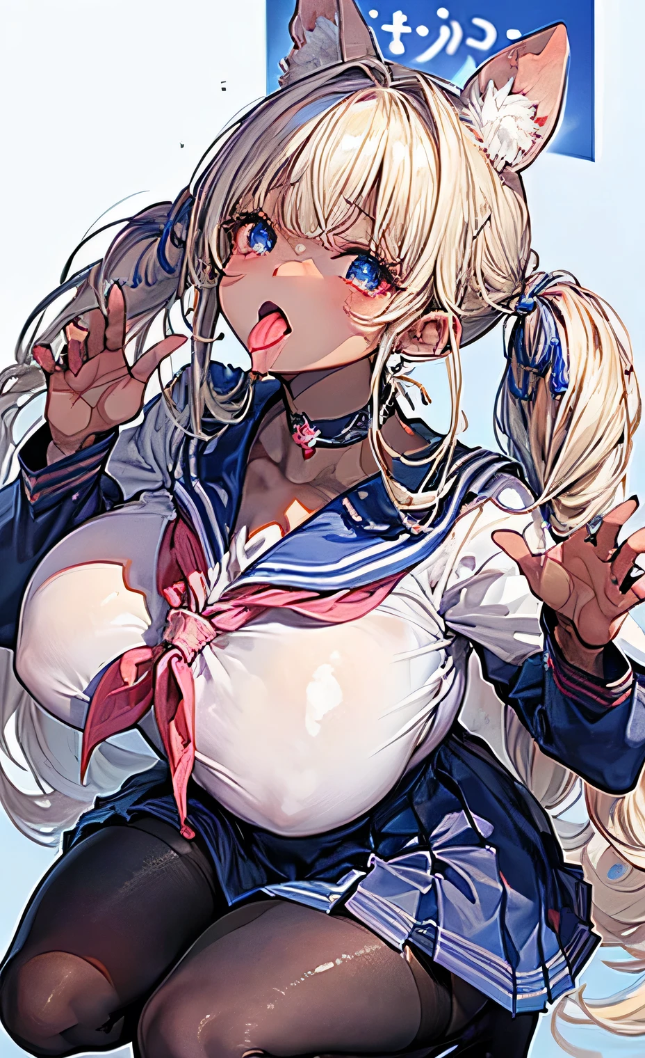 (masterpiece:1.2、Highest quality、Tmasterpiece)、(1 female)、alone、classroom、Day、(Squat:1.2)、whole body、beauty、blonde、Twin tails、blue eyes、(Sailor suit:1.4)、(Dark Skin:1.4)、break、Big Breasts、Long sleeve、lipstick、(pantyhose:1.2)、weaty、choker、blush、Covered breasts、Bangs braids、(Long Tongue:1.6)、((口を開けてフェラface:1.3)),(Spit drips:1.2),(Blowjob pose:1.2),(Looking up:1.4),(forget oneself:1.4),(Open your mouth wide:1.2),(face:1.3),(Open your mouth with both hands:1.6)