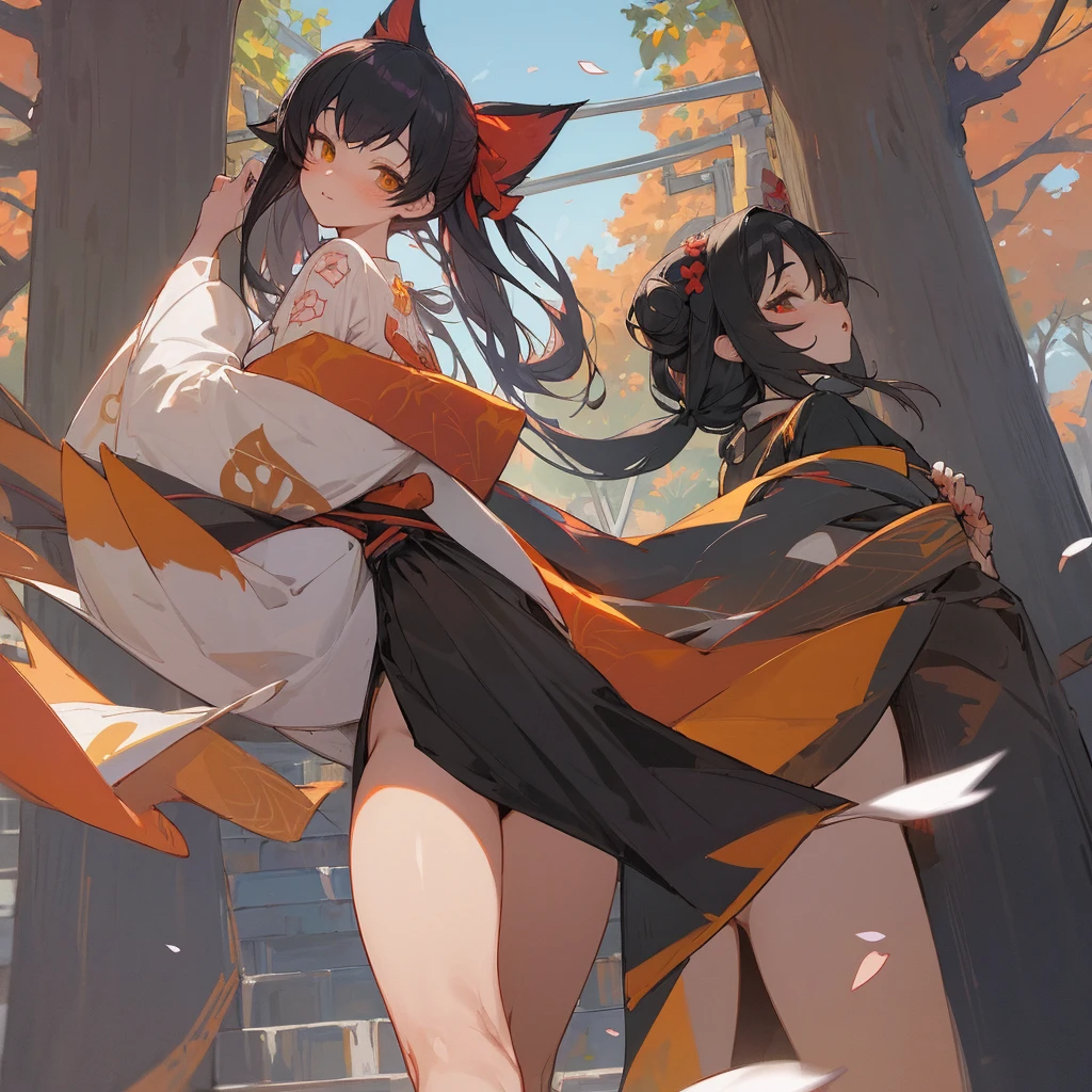 ((tabletop,best qualityer)),2  girls, kimono preto, legging preta, a black ribbon, Bblack hair, cherry blossom flower, giorno, flowers, hair bun, hair ribbon, common, kimono, long hair, gazing at viewer, Looking back , several girls, a belt, plein-air, Eyes red, Red hair, bow ribbon, sandals, simple bread, staircase, standing, statue, torii, Tree, kimono branco, yellow  eyes、body covered in hair、Huge breasted、thighs thighs thighs thighs,、BBW、big butts、Ultramammary(((fox woman)))、body covered in hair、Huge breasted、kawaii、shrine maiden