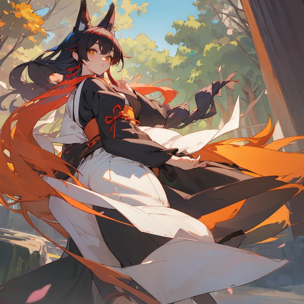 ((tabletop,best qualityer)),2 little girls, kimono preto, legging preta, a black ribbon, Bblack hair, cherry blossom flower, giorno, flowers, hair bun, hair ribbon, common, kimono, long hair, gazing at viewer, Looking back , several girls, a belt, plein-air, Eyes red, Red hair, bow ribbon, sandals, simple bread, staircase, standing, statue, torii, Tree, kimono branco, yellow  eyes、body covered in hair、Huge breasted、thighs thighs thighs thighs,、BBW、big butts、Ultramammary(((fox woman)))、body covered in hair、Huge breasted、kawaii、shrine maiden