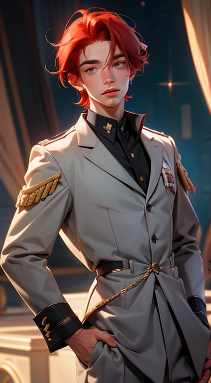 25 YEAR OLD BOY, male, shoulder-length red hair, gray eyes, gray eyes, freckles on the face, Magic Academy uniform dress