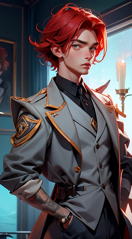 25 YEAR OLD BOY, male, shoulder-length red hair, gray eyes, gray eyes, freckles on the face, Magic Academy uniform dress