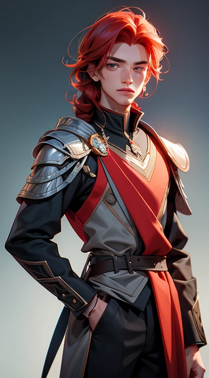 25 YEAR OLD BOY, male, shoulder-length red hair, gray eyes, gray eyes, freckles on the face, Magic Academy uniform dress