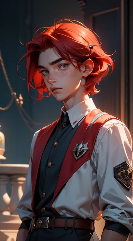 25 YEAR OLD BOY, male, shoulder-length red hair, gray eyes, gray eyes, freckles on the face, Magic Academy uniform dress