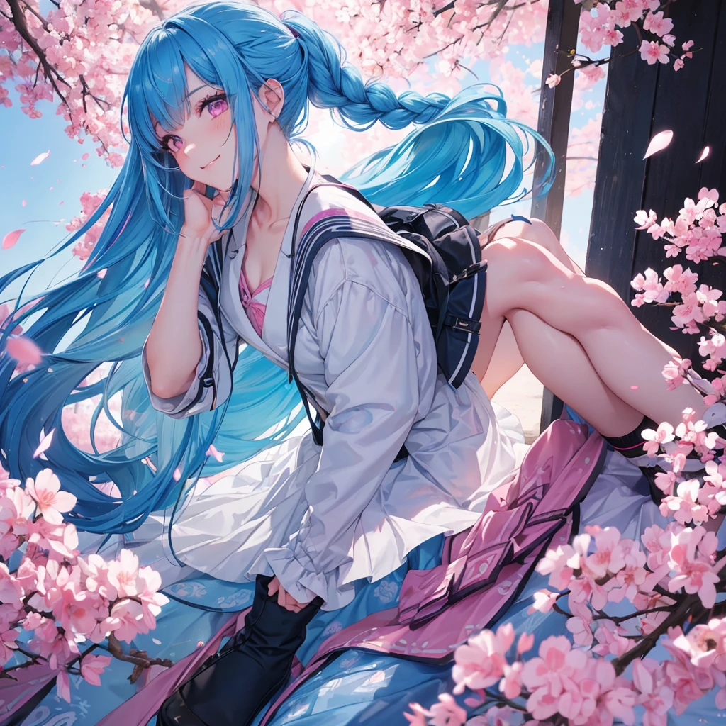 Sky blue hair, (Braided Ponytail),(Pink Eyes),Fair skin ,whole body,(1 Girl),Smile,spring, cherry blossoms, Knee-high socks for school,, blazer, Straight bangs,(masterpiece, Highest quality, Super detailed, Best Shadow), (Detailed Background), (Beautifully detailed face), High Contrast, (Best lighting, Very delicate and beautiful), ((Cinematic Light)), colorful, Hyper Detail, Dramatic Light, Intricate details,sunshine,Leaning forward,