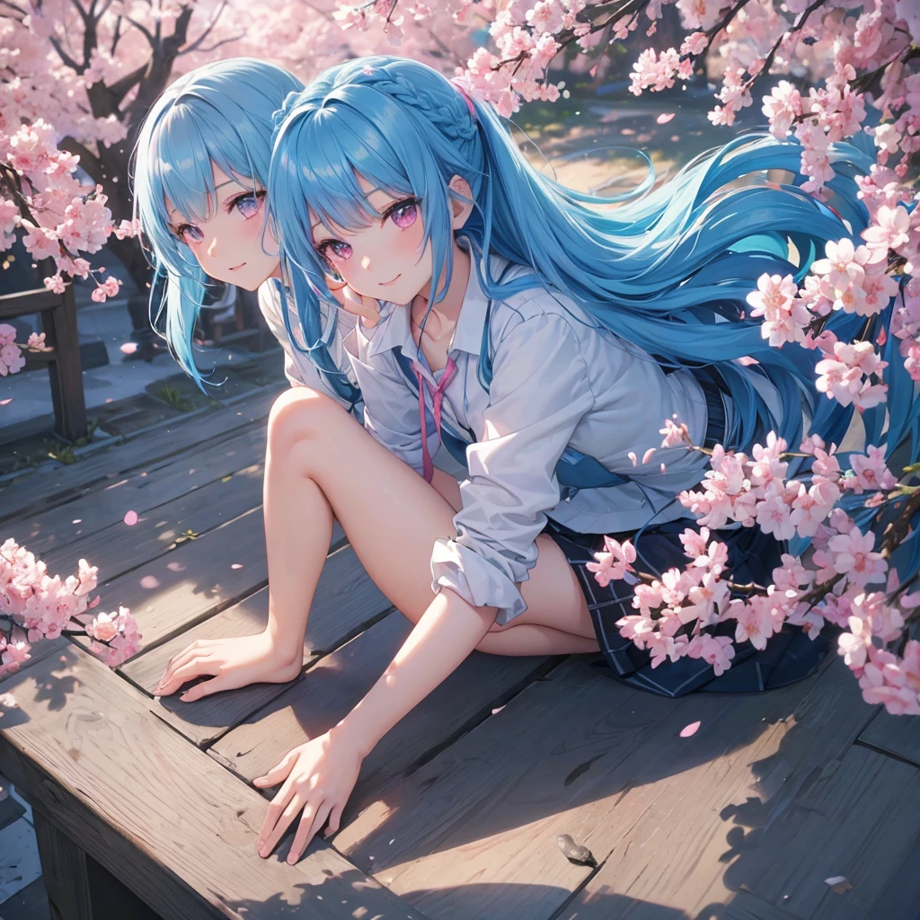 Sky blue hair, (Braided Ponytail),(Pink Eyes),Fair skin ,whole body,(1 Girl),Smile,spring, cherry blossoms, Knee-high socks for school,, blazer, Straight bangs,(masterpiece, Highest quality, Super detailed, Best Shadow), (Detailed Background), (Beautifully detailed face), High Contrast, (Best lighting, Very delicate and beautiful), ((Cinematic Light)), colorful, Hyper Detail, Dramatic Light, Intricate details,sunshine,Leaning forward,