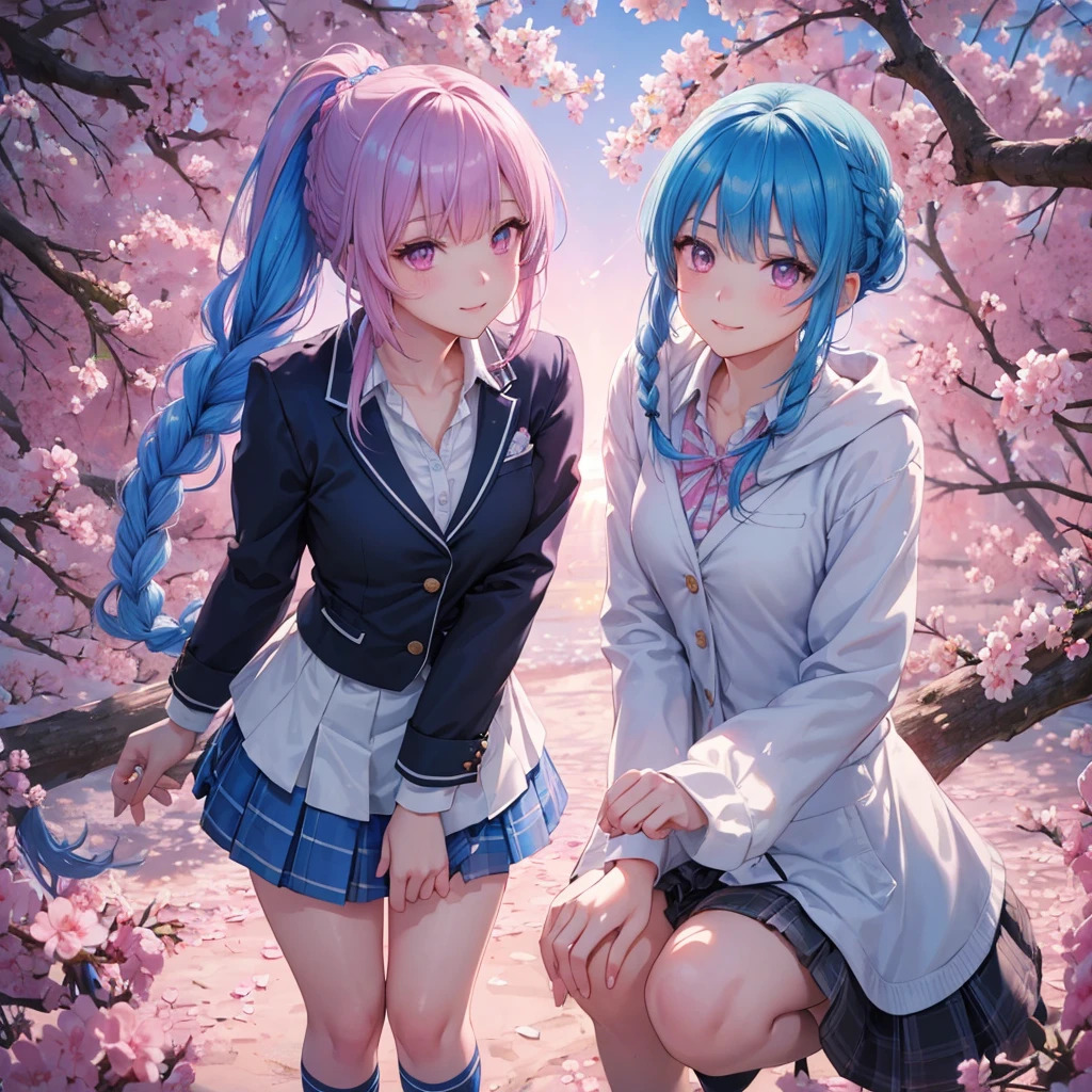 Sky blue hair, (Braided Ponytail),(Pink Eyes),Fair skin ,whole body,(1 Girl),Smile,spring, cherry blossoms, Knee-high socks for school,, blazer, Straight bangs,(masterpiece, Highest quality, Super detailed, Best Shadow), (Detailed Background), (Beautifully detailed face), High Contrast, (Best lighting, Very delicate and beautiful), ((Cinematic Light)), colorful, Hyper Detail, Dramatic Light, Intricate details,sunshine,Leaning forward,