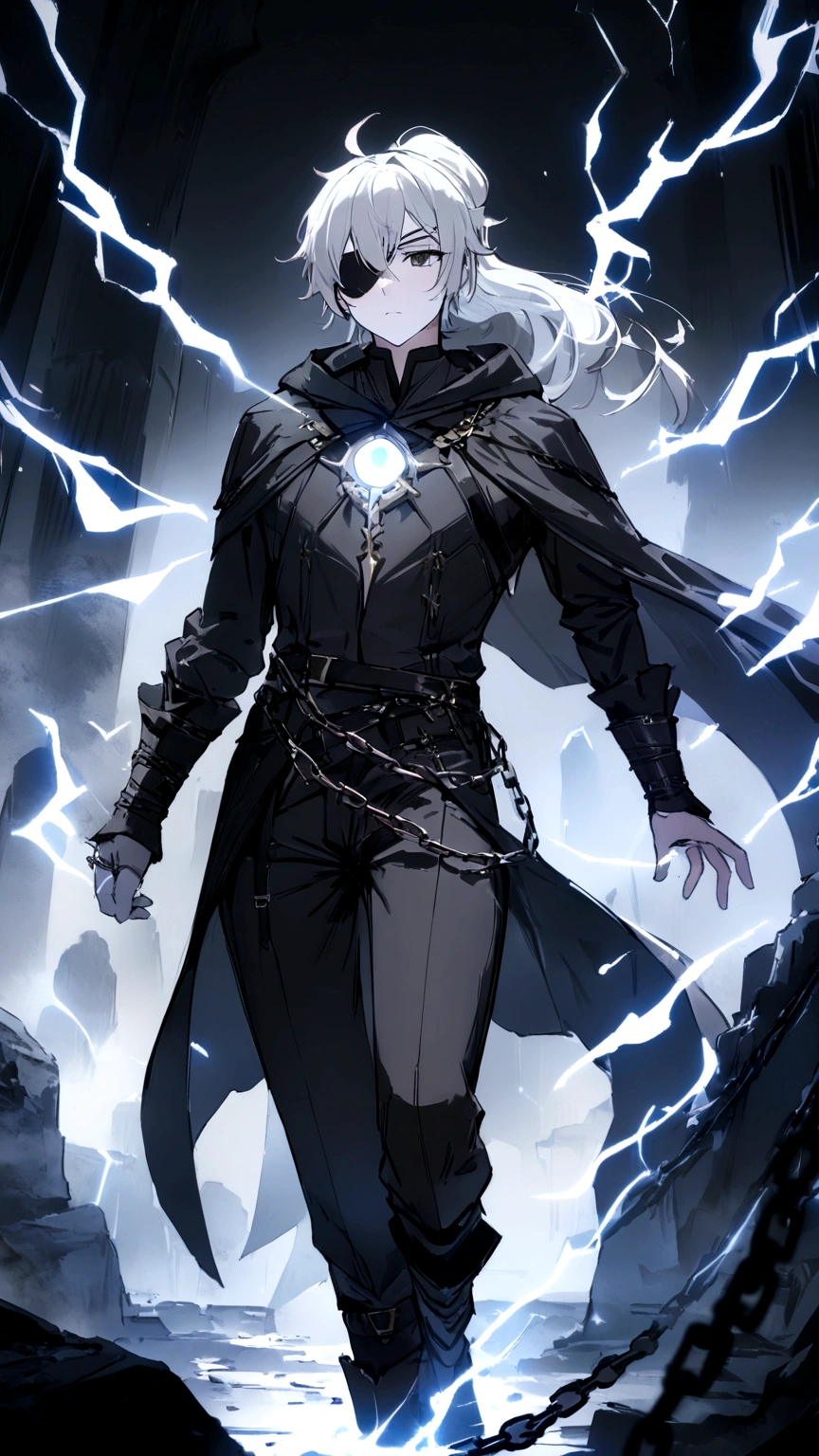 Anime character. A man, he was medieval. 27 years old, large body, cold gaze, cold expression, white skin, short and messy gray hair, ponytail, left eye patch, black clothes, black shirt, dark cape with hood, several chains. frontal camera. Walking under the red moonlight. White electricity emanating from his body, black electricity emanating from his left hand. Iris of the right eye glowing white. Thunderous white lightning. (best quality, 4k, 8k, high resolution, masterpiece: 1.2)