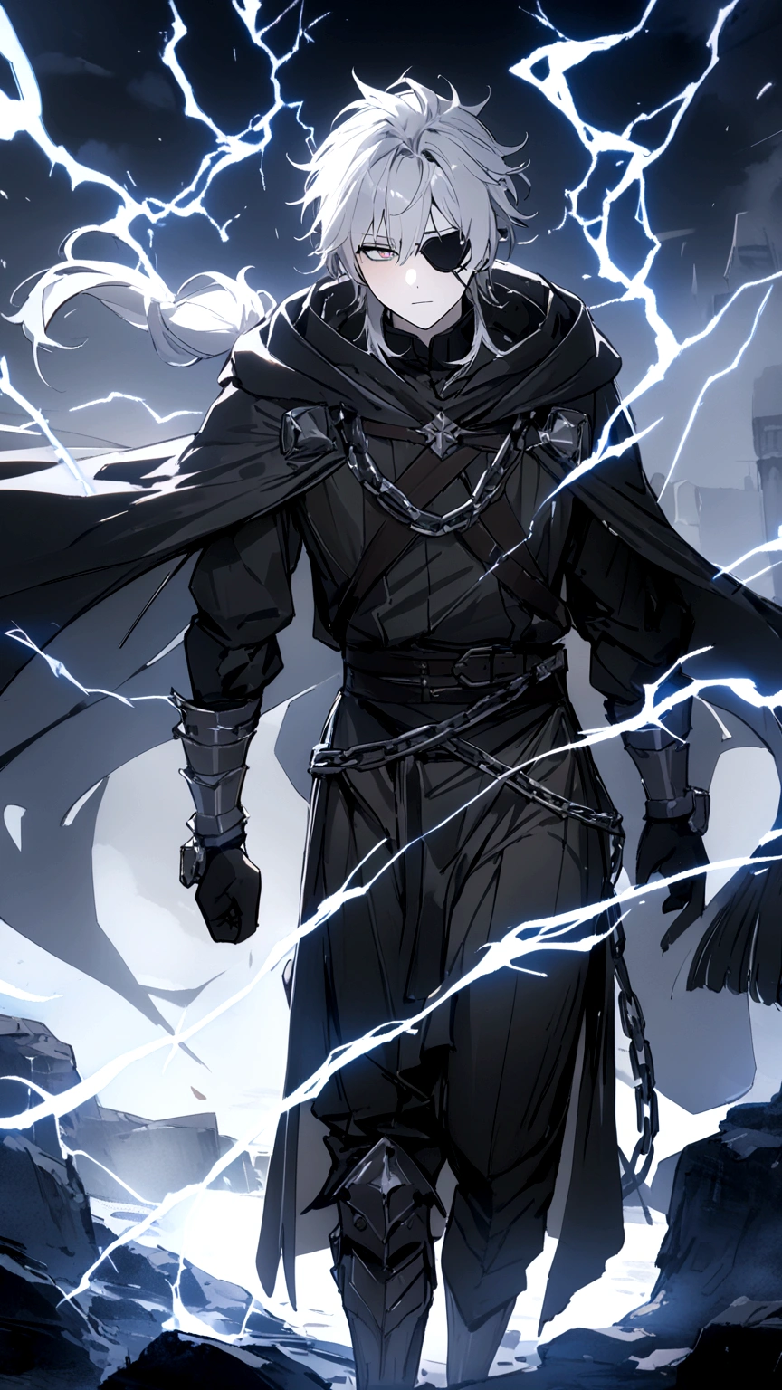 Anime character. A man, he was medieval. 27 years old, large body, cold gaze, cold expression, white skin, short and messy gray hair, ponytail, left eye patch, black clothes, black shirt, dark cape with hood, several chains. frontal camera. Walking under the red moonlight. White electricity emanating from his body, black electricity emanating from his left hand. Iris of the right eye glowing white. Thunderous white lightning. (best quality, 4k, 8k, high resolution, masterpiece: 1.2)